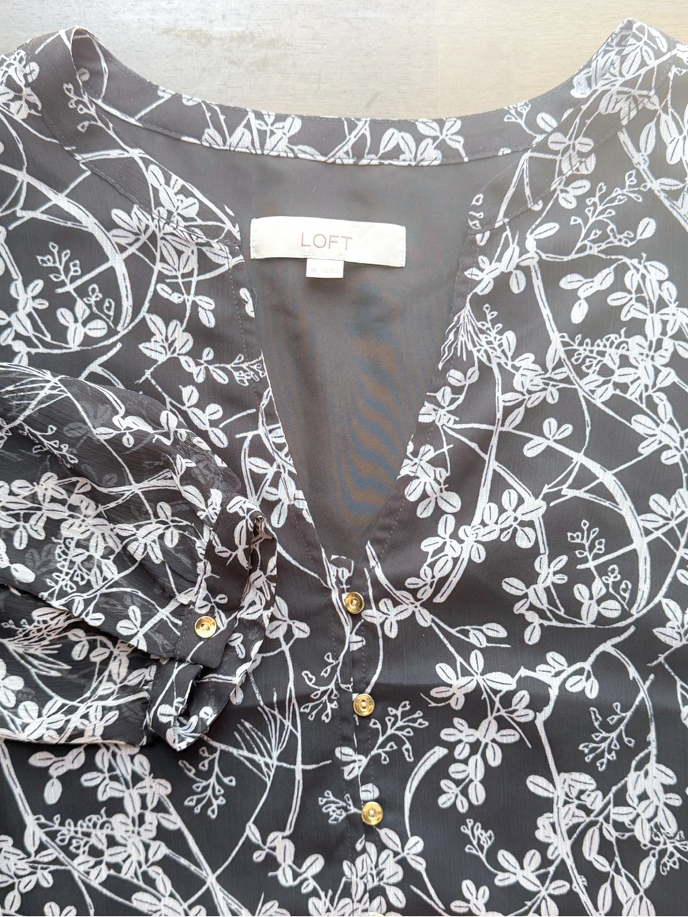 LOFT Black Floral Mini Dress Botanical Print Sheer Long Sleeve Button Front EUC - Picture 3 of 7
